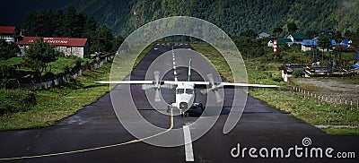 Aircraft Landing on Tenzingâ€“Hillary Airport Runway, Lukla Nepal Stock Photo